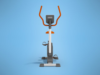 Modern sport exercise bike for home use with electronic fitness sensor orange front 3d rendering on blue background