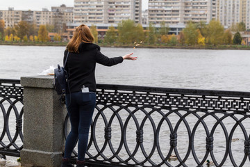 The girl feeds the ducks