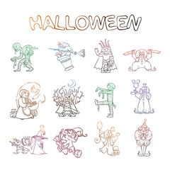 Set of kids in costumes for Halloween. And witches and ghouls. Lich or russian King Koschey, Mummy, Clown