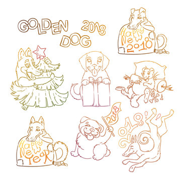 Hand drawn collection with a cute doodle dogs. 2018 vector chinese symbol and lettering.