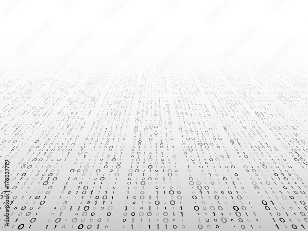 Poster Abstract perspective binary code on a grey background. Matrix technology concept. Computer digital data illustration.