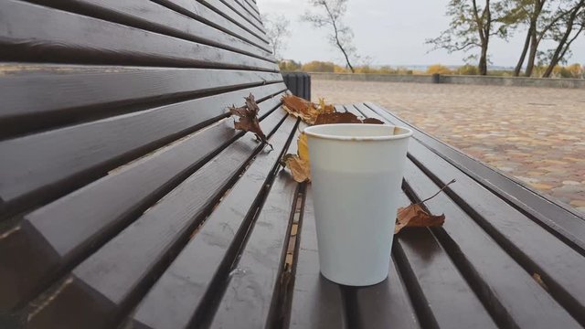 Coffee to takeaway. Coffee to go on bench with yellow leaves in the autumn park. 4k video. Toned with cinema effects.