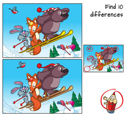 Bear, fox and rabbit are engaged in mountain skiing. Find 10 differences. Educational game for children. Cartoon vector illustration