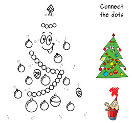 Happy Christmas tree. Connect the dots. Coloring book with dot to dot educational game for children. Cartoon vector illustration