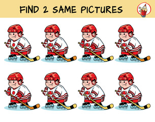Fototapeta premium Hockey player. Find two same pictures. Educational matching game for children. Cartoon vector illustration
