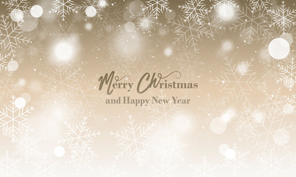 Merry Christmas and Happy New Year wishes. Blurred vector background with snowflakes and glowing elements.