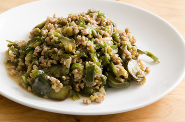 Thai food, fried green eggplant with minced pork