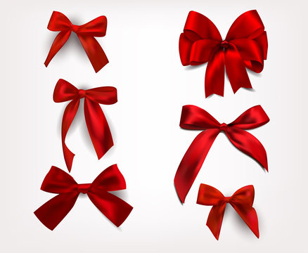 Set of silk red bows. Vector illustration