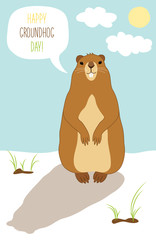 Cute Groundhog Day card as funny cartoon character of marmot
