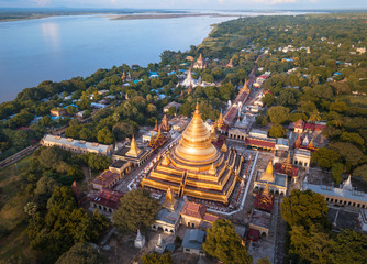 Aerial view at the ancient Shwezigon Pagoda,the main tourist destination of Bagan, Myanmar (Burma) - obrazy, fototapety, plakaty