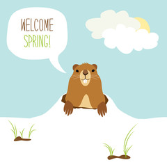 Obraz na płótnie Canvas Cute Groundhog Day card as funny cartoon character of marmot