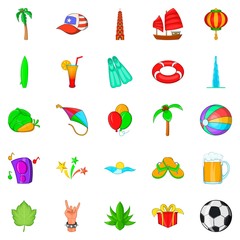 Beach concert icons set, cartoon style
