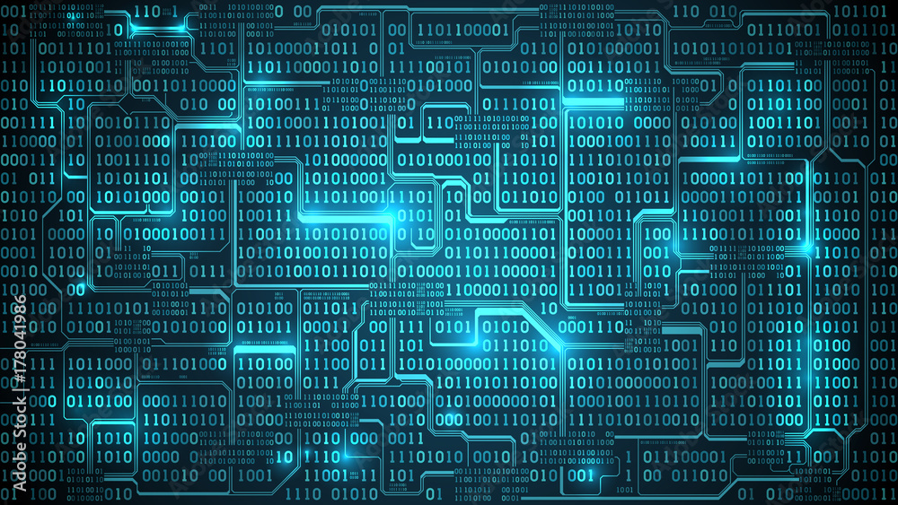 Poster Abstract futuristic electronic circuit board with binary code, matrix background with digits, well organized layers