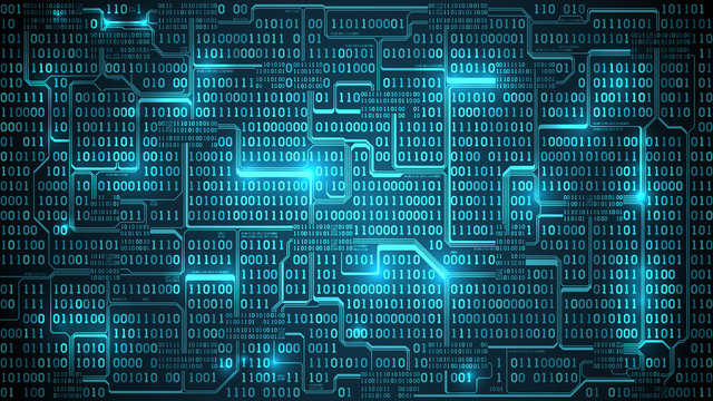 Abstract futuristic electronic circuit board with binary code, matrix background with digits, well organized layers