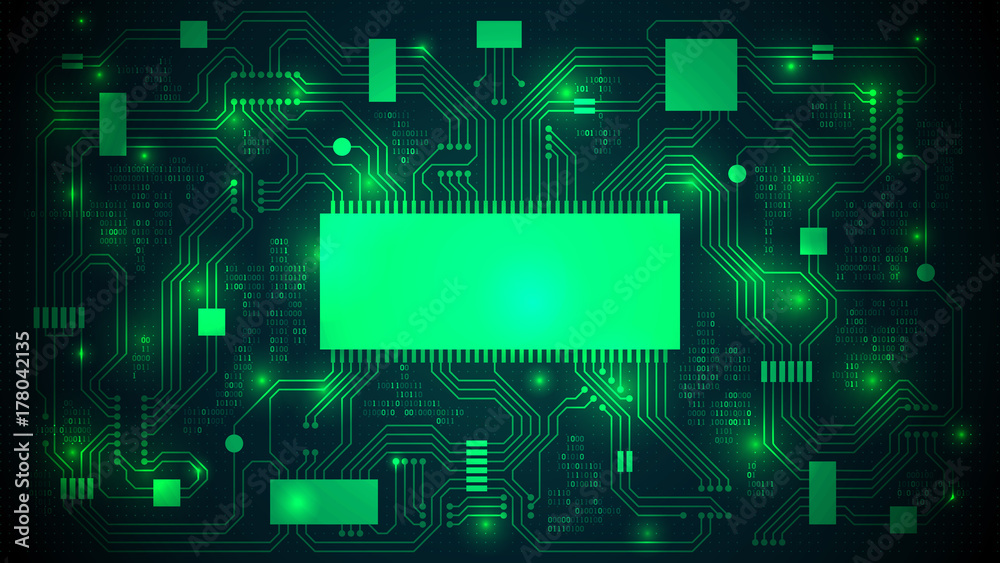 Poster Printed circuit board with a processor, microchips and binary code. Abstract high-tech electronic background, copy space, template; well organized layers