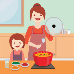 Illustration vector of mom and her daughter cooking in the kitchen