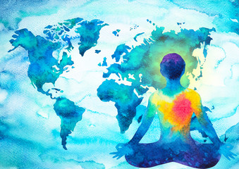 abstract human meditator chakra universe power world map background design blue green watercolor painting