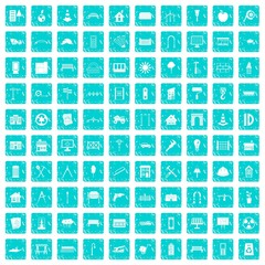 100 architecture icons set grunge blue