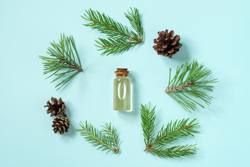 Essential oil of pine and spruce in small glass bottles on a blue background. The view from the top.