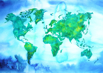 world map blue green tone watercolor painting on paper hand drawn