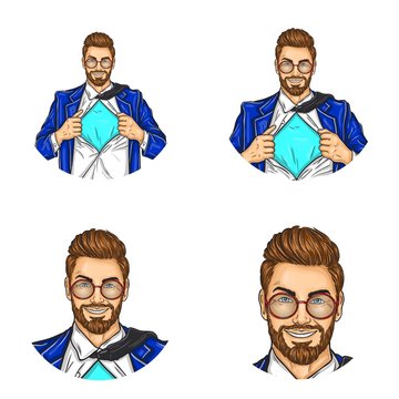 Set of vector pop art round avatar icons for users of social networking, blogs, profile icons. Businessman, manager, super worker in a suit with a shirt open on his chest