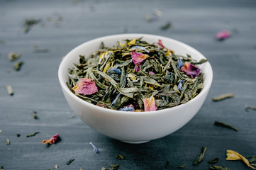 Bowl of Loose Green Sencha Tea Mixed with Flower Petals