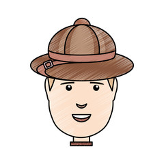 colored  man face with safari hat  doodle over white background  vector illustration