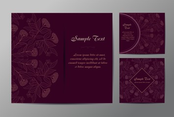 Vector set of three templates with floral ornament. Vintage business card. Ornamental background.