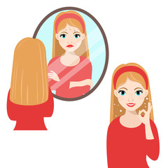 Unhappy girl  looking into mirror struggling with acne and happy teen girls. Skin problems solution. Vector illustration