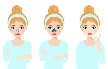 Girl applies cosmetic mask on her nose. Skin problems solution.Vector illustration