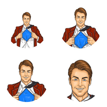 Set of vector pop art round avatar icons for users of social networking, blogs, profile icons. Businessman, manager, super worker in a suit with a shirt open on his chest