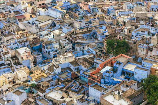 Blue cityscape with houses and buildings in Jodhpur, India