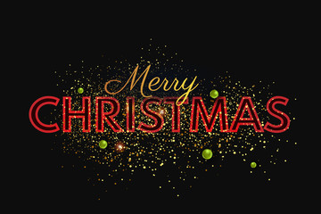 Fototapeta na wymiar Merry Christmas typography, card, background. Gold (golden) and glowing red Christmas typography, glittering placer with sparkles and green decorative pearls on black background
