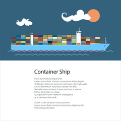 Cargo Ship with Containers on Board, Marine Vessel at Sea and Text , Poster Brochure Flyer Design, Vector Illustration