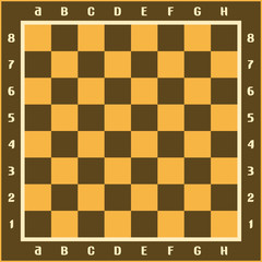 Vector illustration of classic chessboard, brown and yellow chess board with original letters and numbers, wooden checkerboard with empty squares top view for chess strategic game.