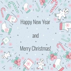 Merry Christmas and happy new year greeting.  Decorated with symbols of the holiday doodles. Is arranged in a circle