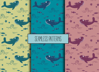 Stoffe zum Nähen Satz von Meer seamless pattern. Wale, Fische, Seesterne