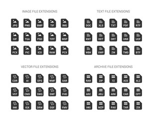 Filled black file extension flat vector icons isolated on white background. Image, text, archive, vector file types format