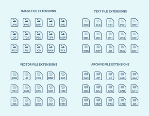 Outline File extension flat vector icons. Image, text, archive, vector file types format