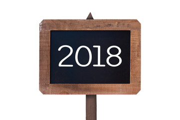 2018 written on a vintage wooden post sign isolated on white background