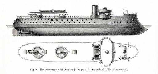 French barbette ironclad Amiral Duperré (1879) (from Meyers Lexikon, 1896, 13/472/473)