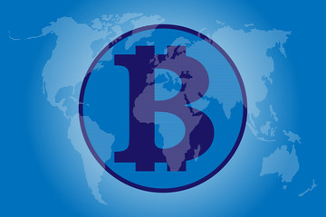 The sign of Block Chain on the background of interlaced World map.