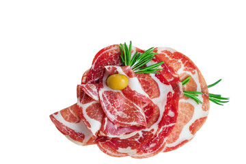 slices of pork with rosemary and olives isolated