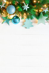 Turquoise Vertical Christmas Banner, Copy Space, Wooden Background