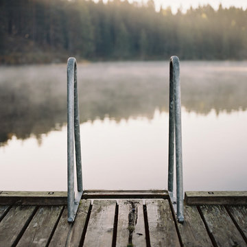 Sunrise at a misty lake in Oslo, Norway (medium-format)