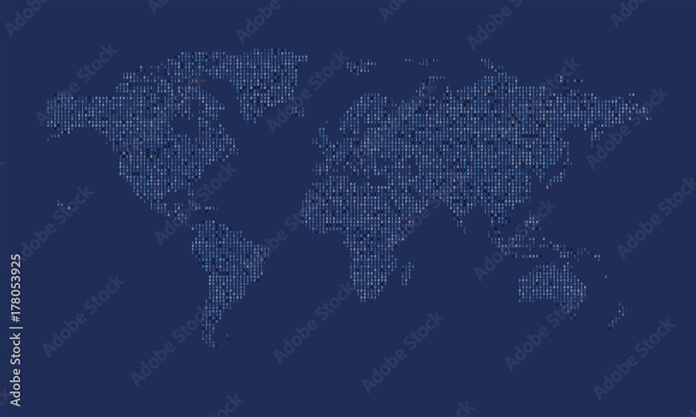 Poster World map made from binary data code