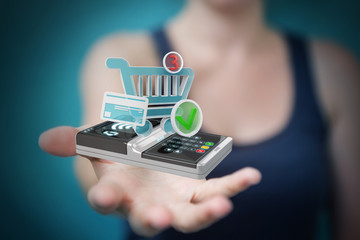 Businesswoman using contactless terminal payment 3D rendering