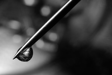 Black and white photo of a drop on the tip of a needle macro