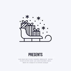 Christmas gifts on sleigh, new year presents packaging flat line icons Winter holidays vector illustration, sign for celebration party.