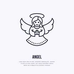 Christmas angel, new year decoration flat line icon. Winter holidays vector illustration. Sign of holly woman with wings.